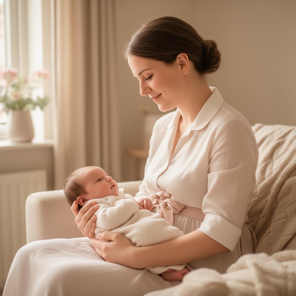 Liefdevolle kraamverzorgende verzorgt een pasgeboren baby in huiselijke sfeer